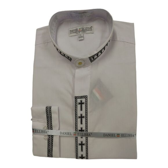 MEN'S DANIEL ELLISSA WHITE W/BLACK EMBROIDERY BANDED COLLAR DRESS SHIRT. DS2005C - Picture 1 of 4